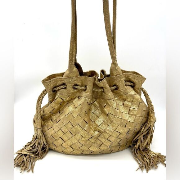 Gold Metallic Genuine Suede Boho Hobo Shoulder Bag w/ Tassels and Woven Leather - Picture 2 of 11